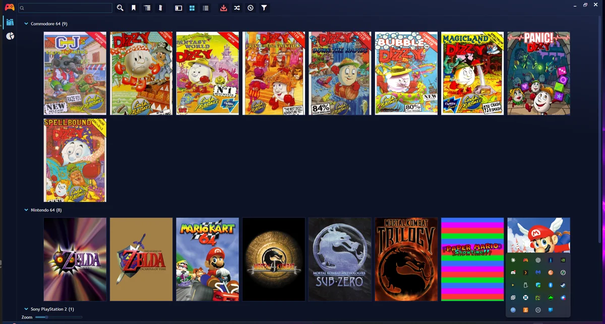 Playnite library showing Commodore 64 and Nintendo 64 games in grid view with box art