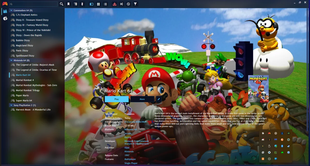 Playnite showing Mario Kart 64 with full metadata, box art, and background art