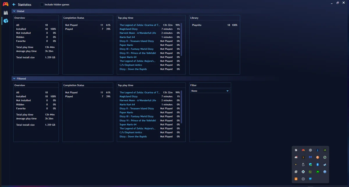 Playnite statistics page showing 18 games across three platforms