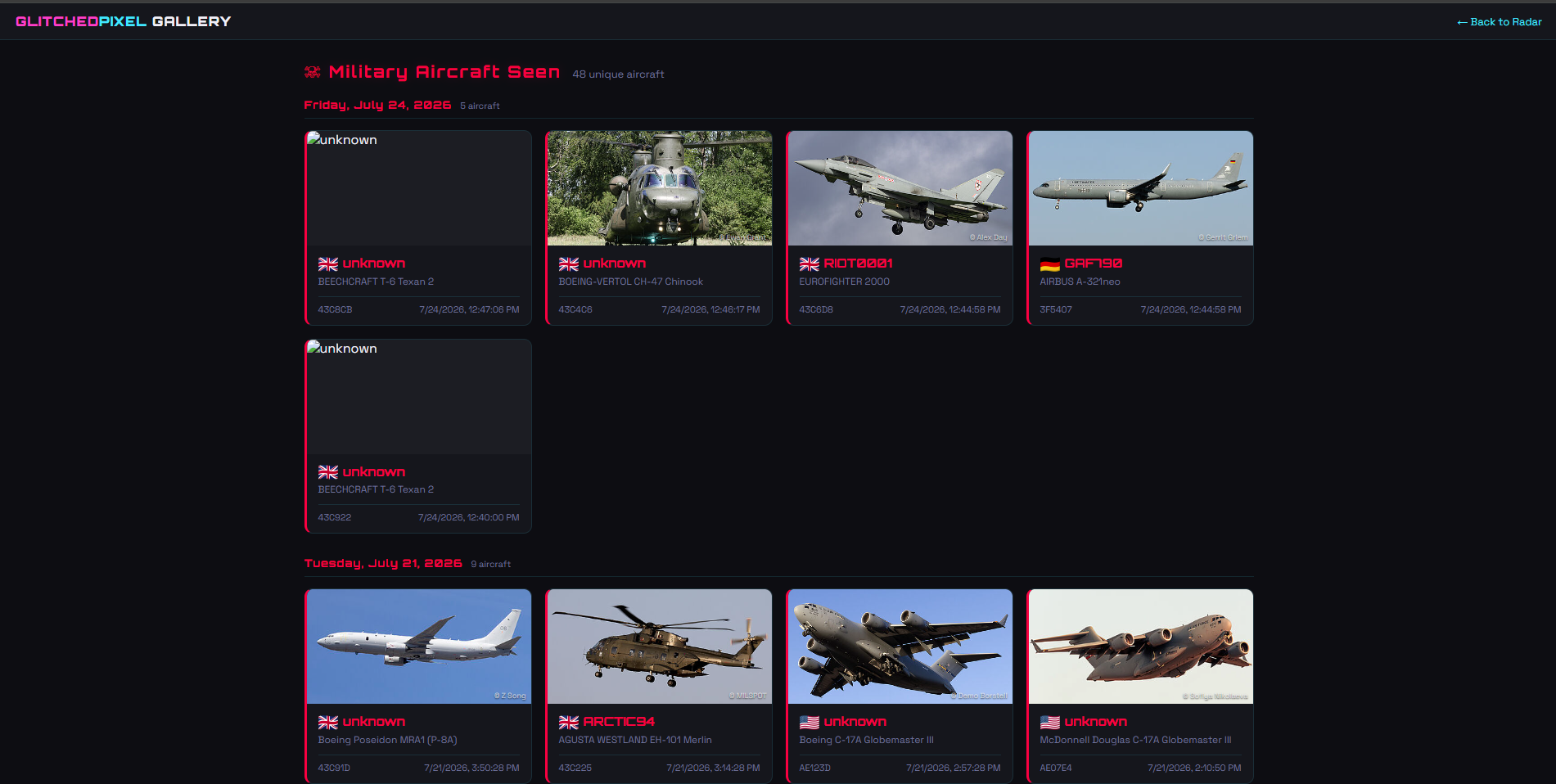 Pixel Radar gallery showing previously observed military aircraft cards