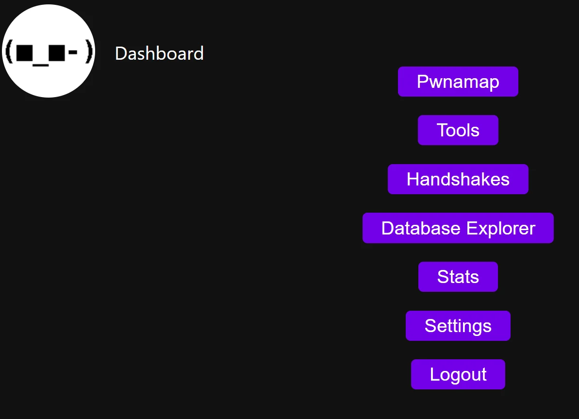 Pwnamap dashboard with navigation buttons for maps, tools, handshakes, database explorer, statistics and settings
