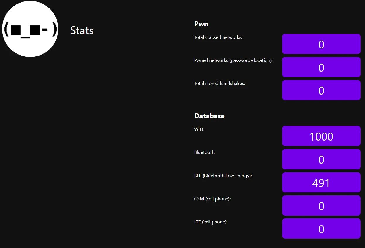 Pwnamap statistics page showing local Wi-Fi and Bluetooth Low Energy database totals