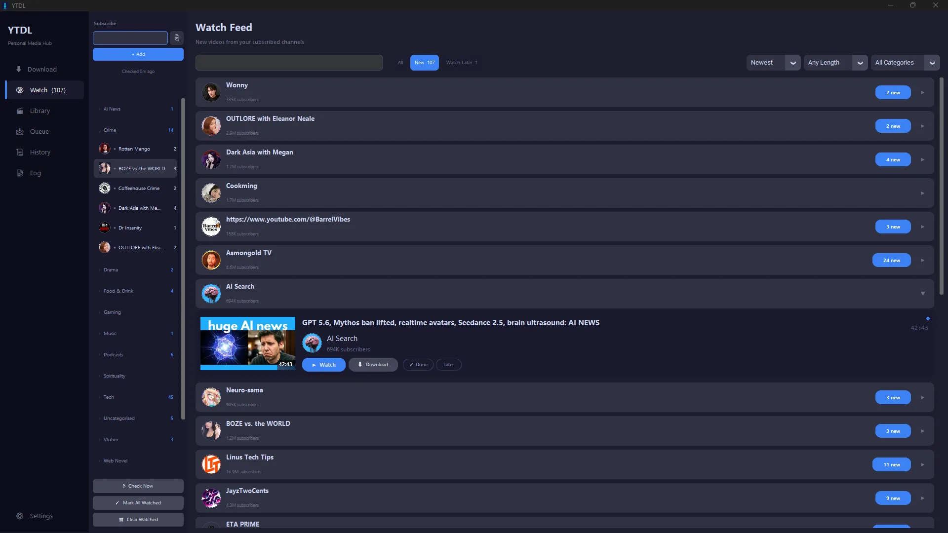 YTDL Watch Feed